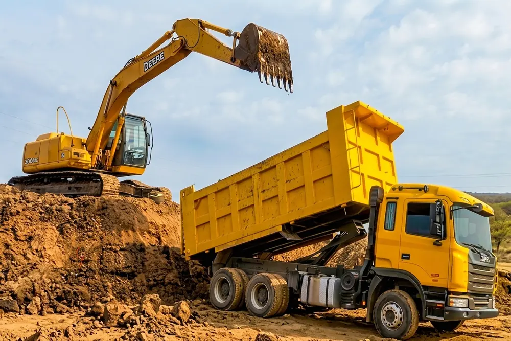 Excavadora cargando camión volteo en movimiento de tierra