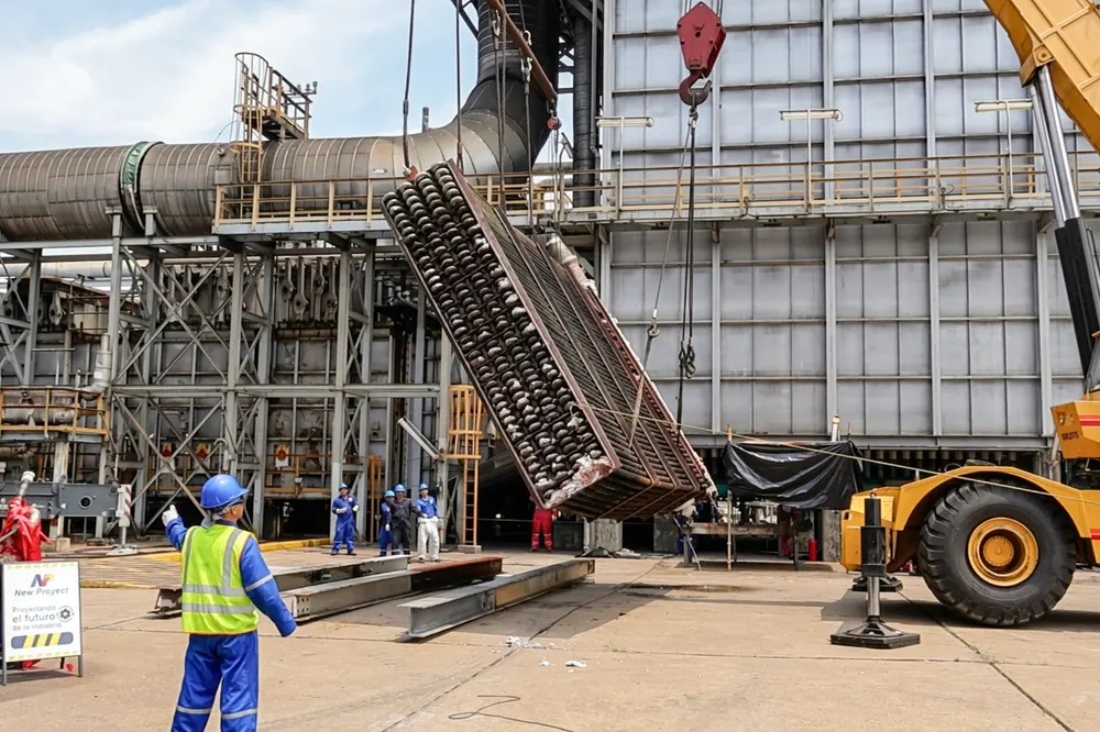 Operario señalizando el descenso de una estructura metálica con grúa